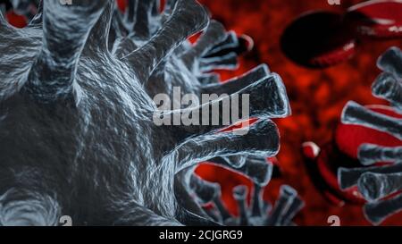 illustrazione 3d di una vista macro di virus e sangue celle Foto Stock