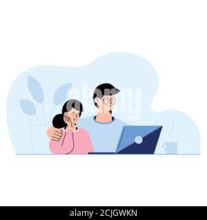 Carino giovane coppia seduto a casa guardando il laptop e pensando al concetto di scelta. Illustrazione Vettoriale