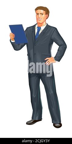 Un uomo in una tuta da lavoro è in piedi. Oggetto vettore isolato su sfondo bianco. Tablet con documenti in mano. Sorrisi. Cravatta blu. Stile piatto. Un busin Illustrazione Vettoriale