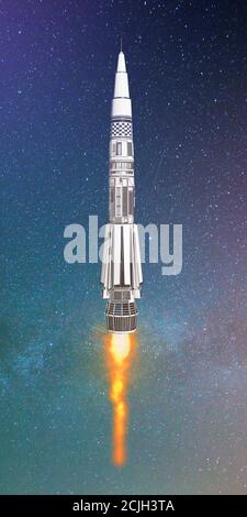razzo decollo nello spazio illustrazione 3d Foto Stock