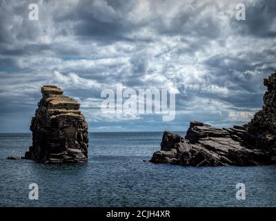 Sea Stack a Latheronwheel, Caithness, Scozia, Regno Unito Foto Stock