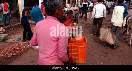 DISTRETTO KATNI, INDIA - 12 AGOSTO 2019: Un uomo asiatico che carica le casse di verdura dopo l'acquisto di prodotti agricoli verdi freschi sul mercato. Foto Stock