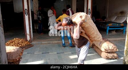 DISTRETTO KATNI, INDIA - 12 AGOSTO 2019: Un uomo asiatico andare con sacco vegetale per il trasporto di merci agricole sul mercato. Foto Stock