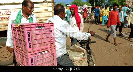 DISTRETTO KATNI, INDIA - 12 AGOSTO 2019: Un uomo asiatico che trasporta le crate vegetali sulla moto dopo l'acquisto di merci fresche di agricoltura verde sul mercato. Foto Stock