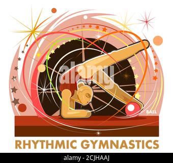 Ragazza ginnasta. Simbolo sport. Illustrazione vettoriale isolata su sfondo bianco. Una donna si esibisce in concorsi. Logo di ginnastica ritmica con una palla. Illustrazione Vettoriale