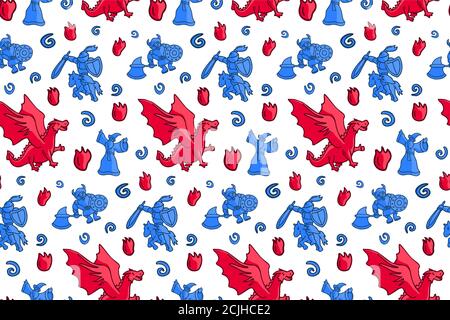 Bellissimo modello divertente senza cuciture con eroi e drago fantasy cartoni animati su sfondo bianco Illustrazione Vettoriale