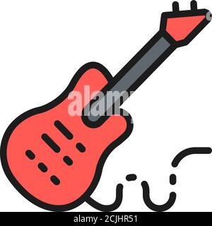 Chitarra basso elettronica, strumento musicale icona linea a colori piatta. Illustrazione Vettoriale