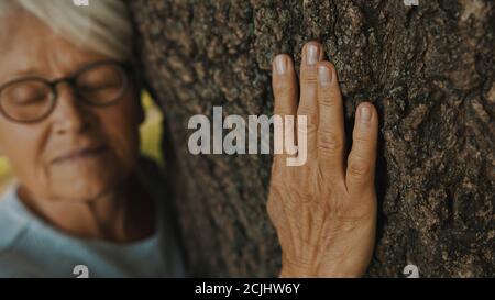 Ritratto di donna alta con capelli grigi che abbracciano l'albero. Foto di alta qualità Foto Stock