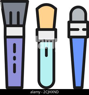 Set di spazzole per trucco per fondazione e occhi icona linea di colore piatta. Illustrazione Vettoriale