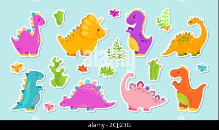 Set adesivi per cartoni animati dinosauri. Collezione di rettili piatti, predatori ed erbivori dino, uovo. Divertenti dinosauri colorati. Baby design animali carini. Illustrazione vettoriale isolata su sfondo bianco Illustrazione Vettoriale