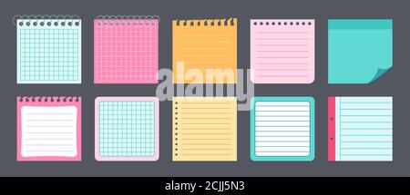 Gli adesivi di carta annotano il set piatto. Notepad e messaggi di promemoria per la raccolta di notebook. Note vuote con elementi di pianificazione. Vari ufficio di affari di etichetta. Illustrazione vettoriale isolata Illustrazione Vettoriale