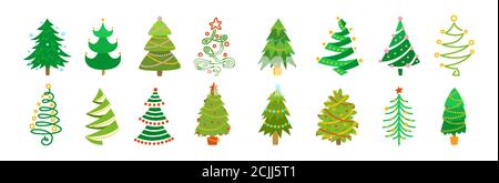 Collezione albero di Natale. Capodanno tradizionale design ornamenti, stelle o ghirlande. Set di cartoni animati verdi con disegno a mano di alberi di Natale. Simbolo stilizzato per l'illustrazione vettoriale delle vacanze piatte Illustrazione Vettoriale