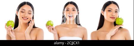 Collage di donna asiatica che posa con mela verde in mano e la faccia vicina è isolata su bianco Foto Stock