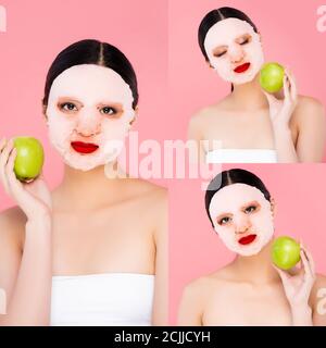 Collage di modello asiatico con maschera facciale e labbra rosse tenendo la mela verde isolata in rosa Foto Stock