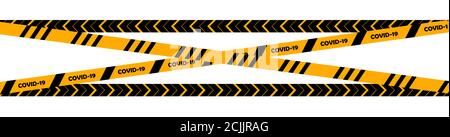 Il nastro protettivo a barriera Covid-19 sulle strisce di pericolo bianche, nere e gialle arresta la diffusione del concetto di virus Foto Stock