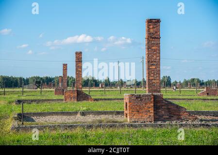 Auschwitz Birkenau, Polen. 25 Agosto 2020. Auschwitz, Polonia 25 agosto 2020: Campo di concentramento di Auschwitz-Birkenau - 25 agosto 2020 Fondazioni e camini delle caserme, | uso nel mondo Credit: dpa/Alamy Live News Foto Stock