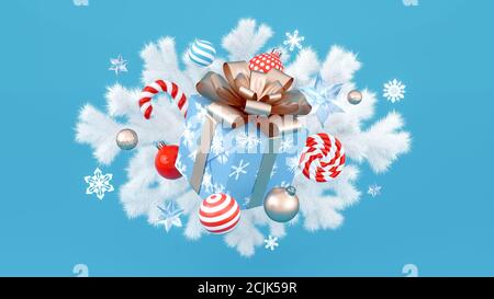 Scatola regalo galleggiante di Natale con rami di abete e decorazioni. Rendering 3D buon Natale e felice anno nuovo background. Foto Stock