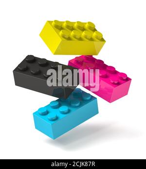 Blocchi di costruzione 3D giocattolo di quattro colori cmyk di processo di stampa ciano magenta giallo nero giallo volante a mezz'aria Foto Stock