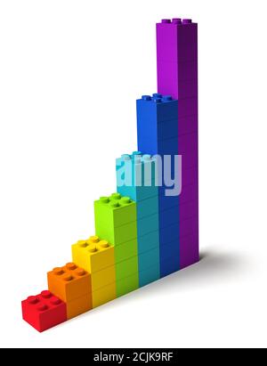 Elementi di base nei colori dell'arcobaleno diagramma di crescita esponenziale 3D, isolato su sfondo bianco Foto Stock