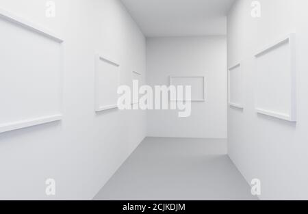 Galleria interno con cornici vuote su parete, corridoio bianco. illustrazione 3d Foto Stock