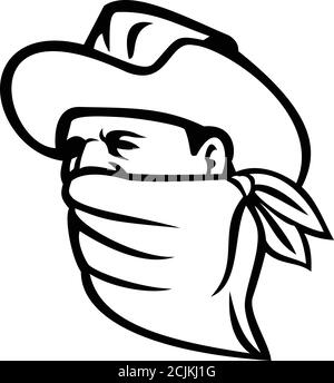 Mascot illustrazione di un cowboy bandito, fuorilegge, highwayman, maverick o ladro che indossa una maschera facciale, copertura viso o bandana guardando a lato su isolat Illustrazione Vettoriale