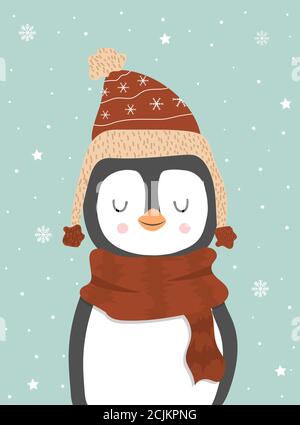 Simpatico pinguino bianco sorridente invernale con fiocchi di neve. Zoo di Cartoon. Illustrazione vettoriale. Animale per la progettazione di prodotti per bambini in stile scandinavo. Illustrazione Vettoriale