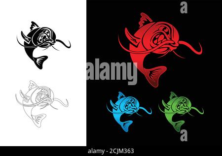 Un set di logo vettoriale Angry Catfish in combinazione di colori rosso, blu e verde Illustrazione Vettoriale