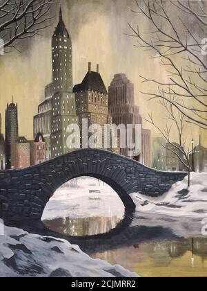 Gli amanti si fermino sul ponte Gapstow a Central Park, New York, in una serata invernale negli anni '1930s. Nostalgica e romantica scena vintage. Foto Stock