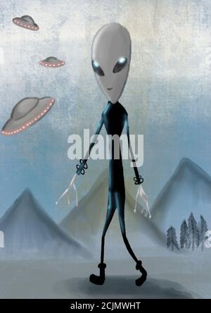 Illustrazione di una creatura avvistante alieno soprannaturale Foto Stock