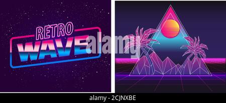 Retrò futuro, slogan mi danno indietro anni '80, paesaggio futuristico, montagne. Sci-Fi sfondo. Anni '80 Party background. Retro Wave album di musica copertina templat Illustrazione Vettoriale