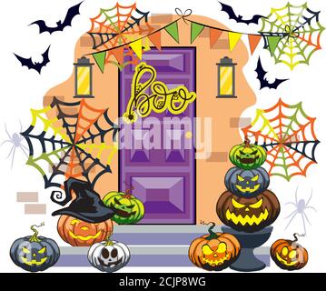 La porta è decorata con zucche di Halloween divertenti e creepy facce con lanterne Illustrazione Vettoriale