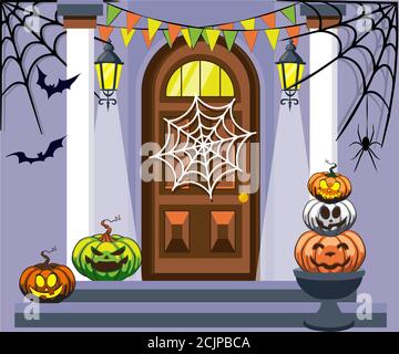 La porta è decorata con zucche di Halloween divertenti e creepy facce con lanterne Illustrazione Vettoriale