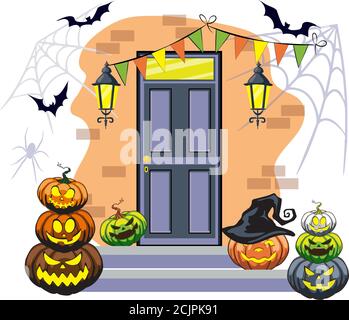 La porta è decorata con zucche di Halloween divertenti e creepy facce con lanterne Illustrazione Vettoriale