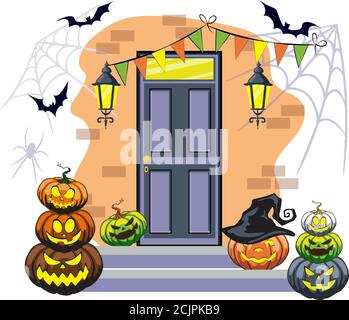 La porta è decorata con zucche di Halloween divertenti e creepy facce con lanterne Illustrazione Vettoriale