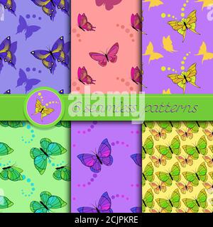 Insieme vettoriale di pattern senza giunture con farfalle. Collezione di motivi nei colori blu, rosa, giallo, viola e verde. Illustrazione Vettoriale