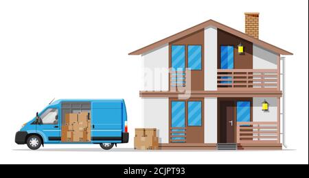 Furgone di consegna pieno di scatole di cartone e casa di legno isolato su bianco. Servizio di delocalizzazione in città. Scatola di cartone per pacchi di carta con merci. Carico e logistica. Illustrazione vettoriale piatta Illustrazione Vettoriale