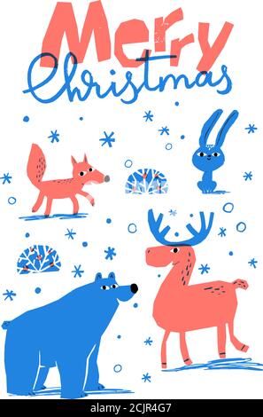 Allegro Natale vettore inverno poster con animali carini Illustrazione Vettoriale
