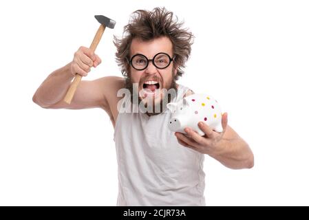 Uomo pazzo con la banca piggy Foto Stock