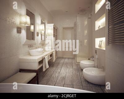 Le stanze da bagno sono in stile classico con piastrelle a motivi geometrici in toni beige. rendering 3d. Foto Stock