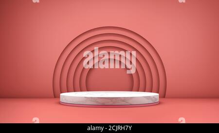 Rendering 3D di un elegante podio in marmo su un sfondo rosso per la visualizzazione del prodotto Foto Stock