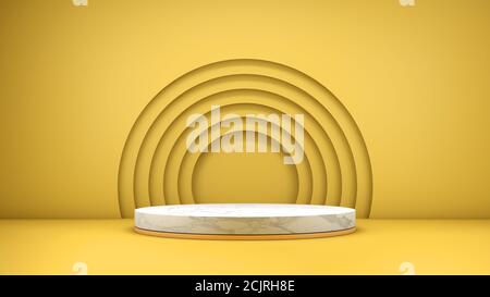Rendering 3D di un elegante podio in marmo su un sfondo giallo per la presentazione del prodotto Foto Stock