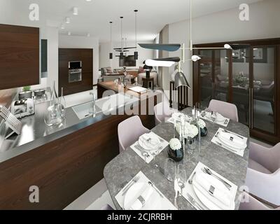 Sala da pranzo moderna e cucina. Gli splendidi arredi moderni presentano colori tenui, marrone, beige e grigio. rendering 3d. Foto Stock