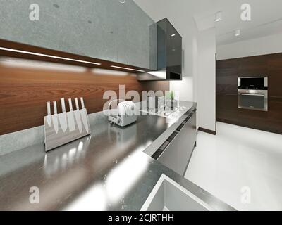 Cucina moderna con piano di lavoro in metallo. Mobili in legno ed elementi metallici. Marrone e grigio. rendering 3d. Foto Stock