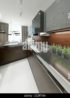 Cucina moderna con piano di lavoro in metallo. Mobili in legno ed elementi metallici. Marrone e grigio. rendering 3d. Foto Stock