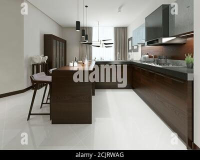 Interno di cucina moderna con bar e sgabelli da bar. Mobili da cucina in legno con inserti in metallo in tonalità marrone e grigio. rendering 3d. Foto Stock