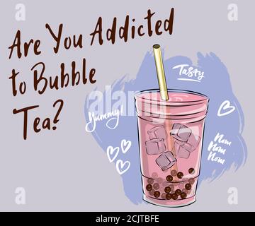 Collezione di design per tazza da tè, bevande Yummy, bevande analcoliche con striscione in stile doodle, annunci di tè al latte Bubble con deliziosi tapioca e perla, tè bolla Illustrazione Vettoriale