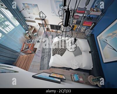 Il loft è una camera da letto adolescente al secondo piano con un letto fatto in modo scomodo e un sacco di decorazioni e dipinti. rendering 3d Foto Stock