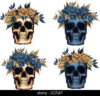Set cranio in metallo con corona di fiori dorati rosa, dia Muertos giorno morto illustrazione vettoriale per poster design concetto Illustrazione Vettoriale