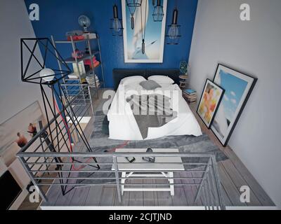 Il loft è una camera da letto adolescente al secondo piano con un letto fatto in modo scomodo e un sacco di decorazioni e dipinti. rendering 3d Foto Stock