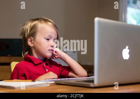 Un ragazzo si annoia mentre si siede a casa, a Miami, in Florida, USA, al tavolo da pranzo Foto Stock